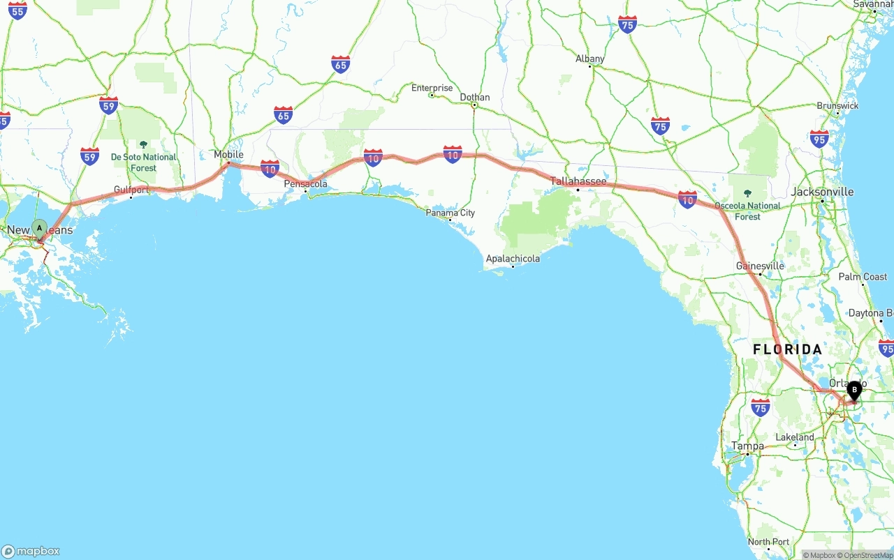 Shipping route from New Orleans to Orlando International Airport