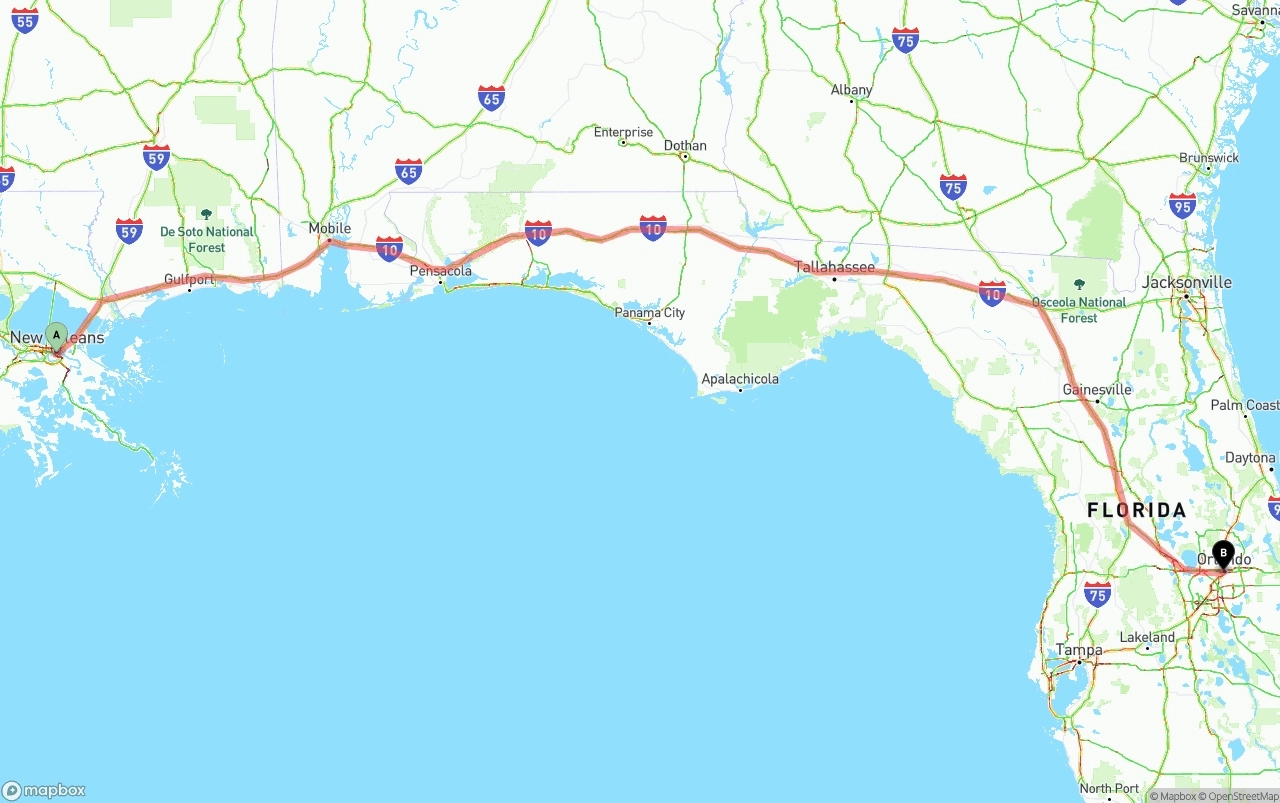 Shipping route from New Orleans to Orlando