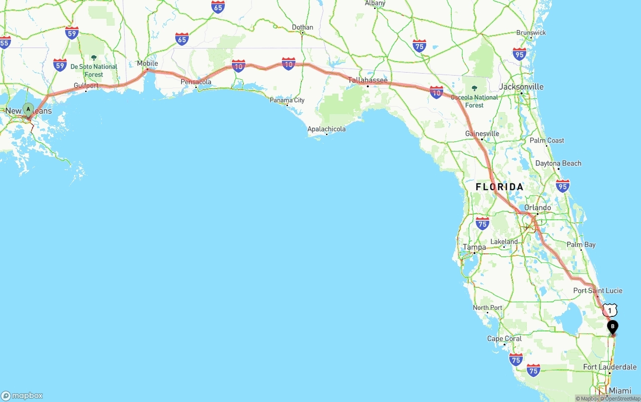 Shipping route from New Orleans to Palm Beach International Airport