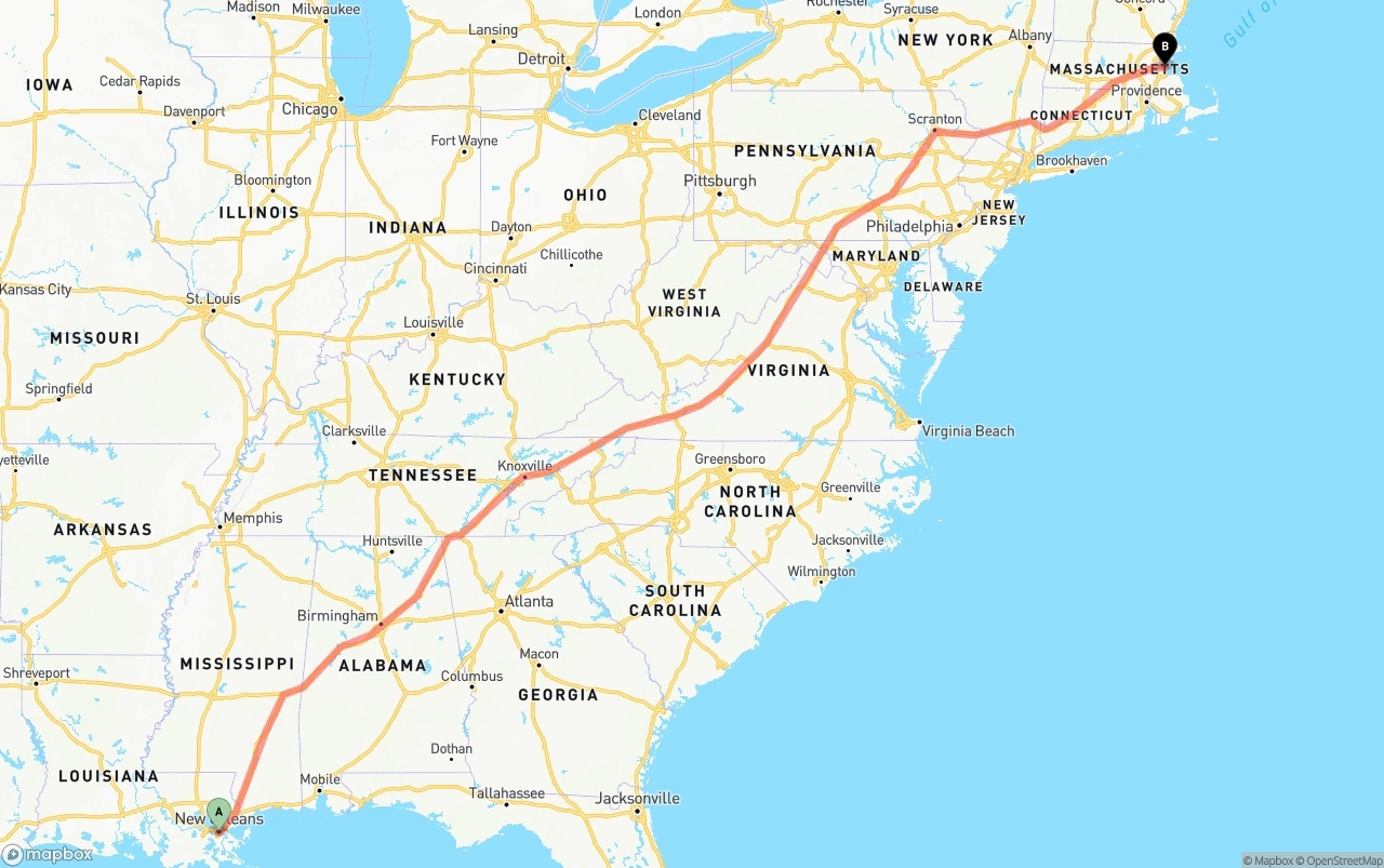 Shipping route from New Orleans to Port of Boston