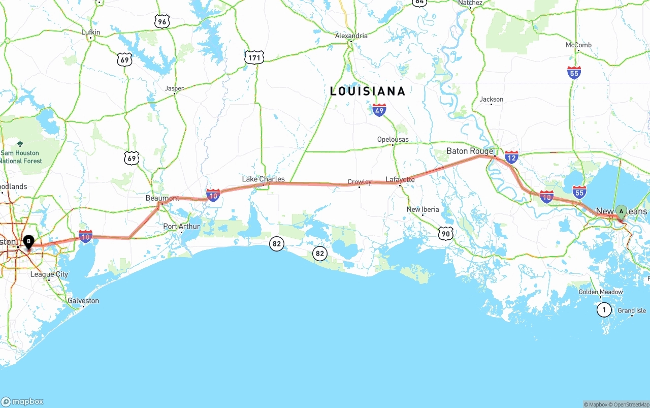 Shipping route from New Orleans to Port of Houston