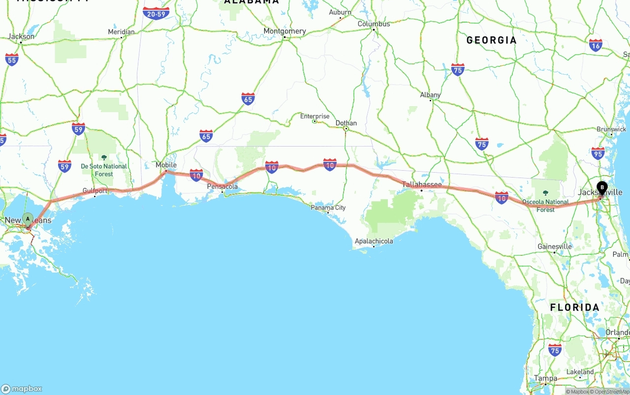 Shipping route from New Orleans to Port of Jacksonville