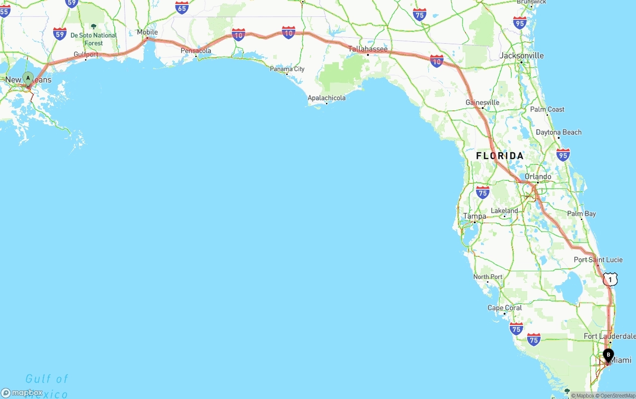 Shipping route from New Orleans to Port of Miami