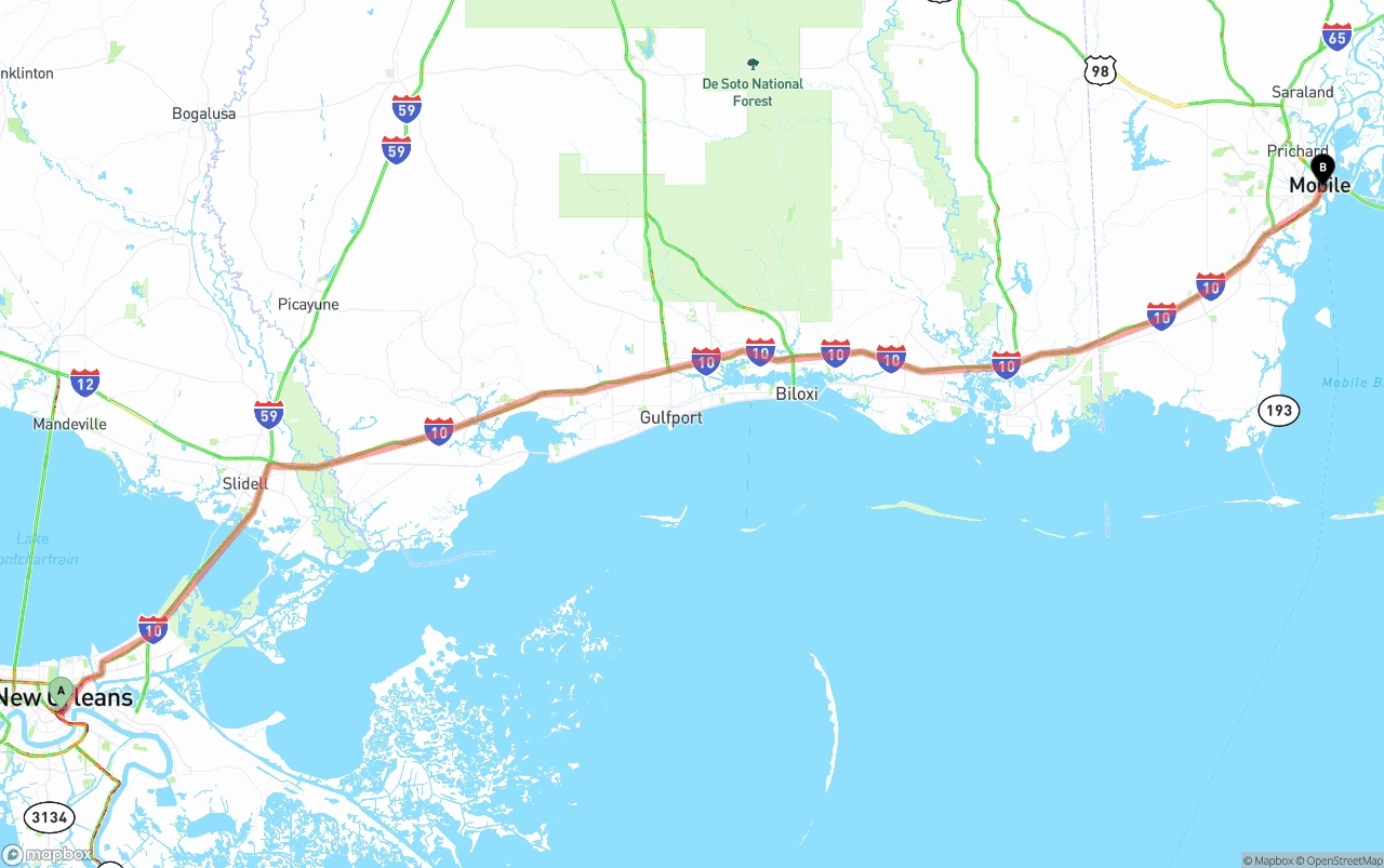 Shipping route from New Orleans to Port of Mobile