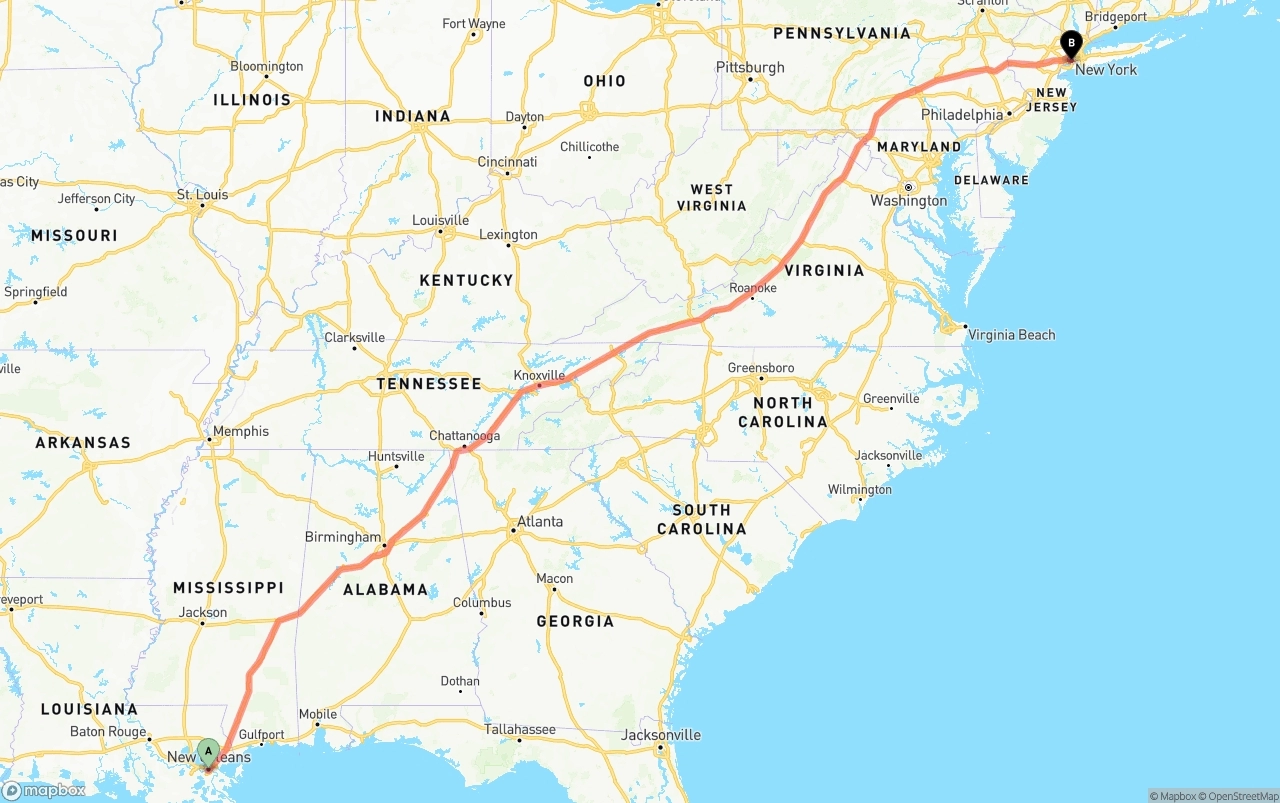 Shipping route from New Orleans to Port of New York