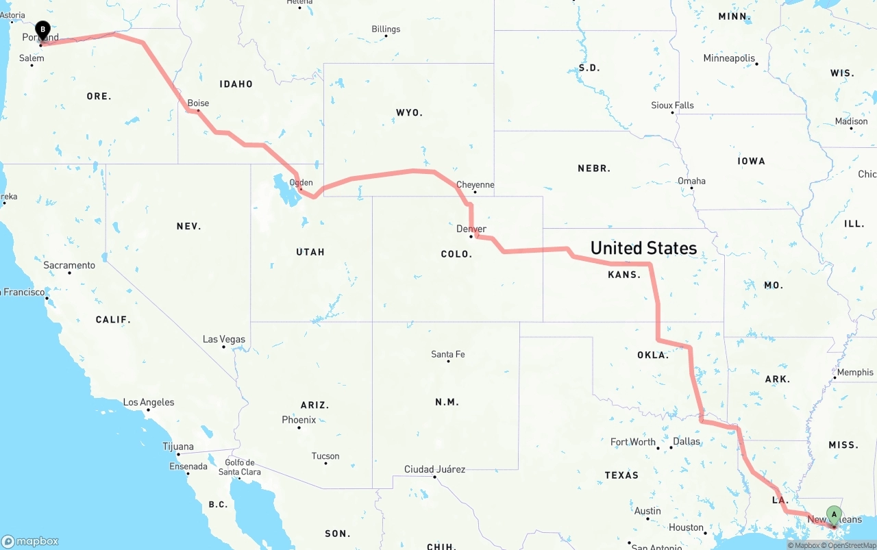 Shipping route from New Orleans to Port of Portland