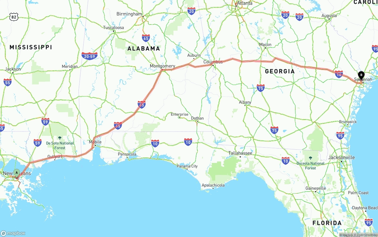 Shipping route from New Orleans to Port of Savannah