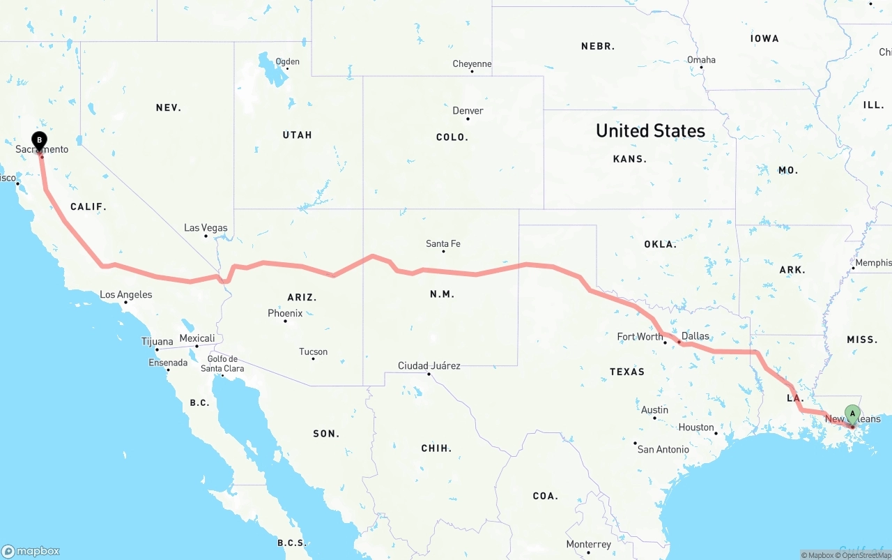 Shipping route from New Orleans to Sacramento International Airport