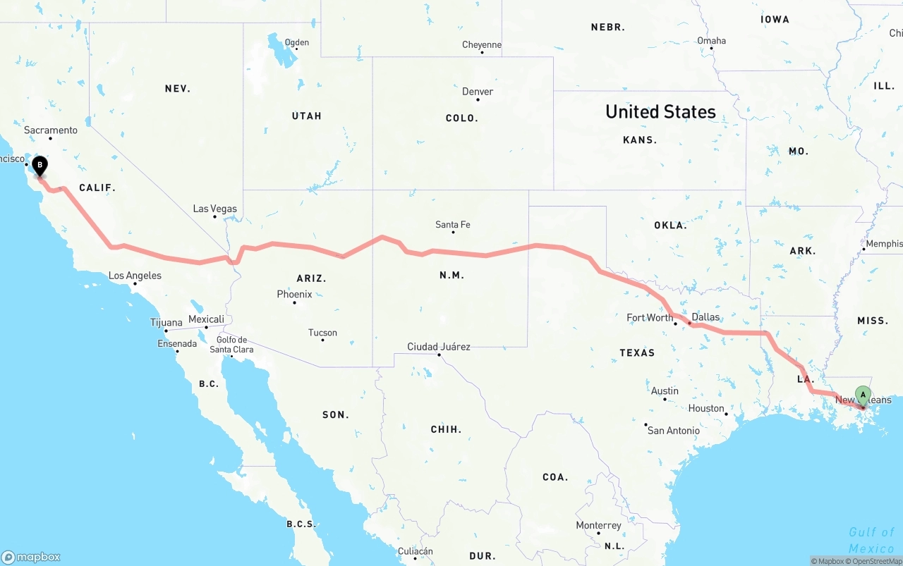 Shipping route from New Orleans to San Jose
