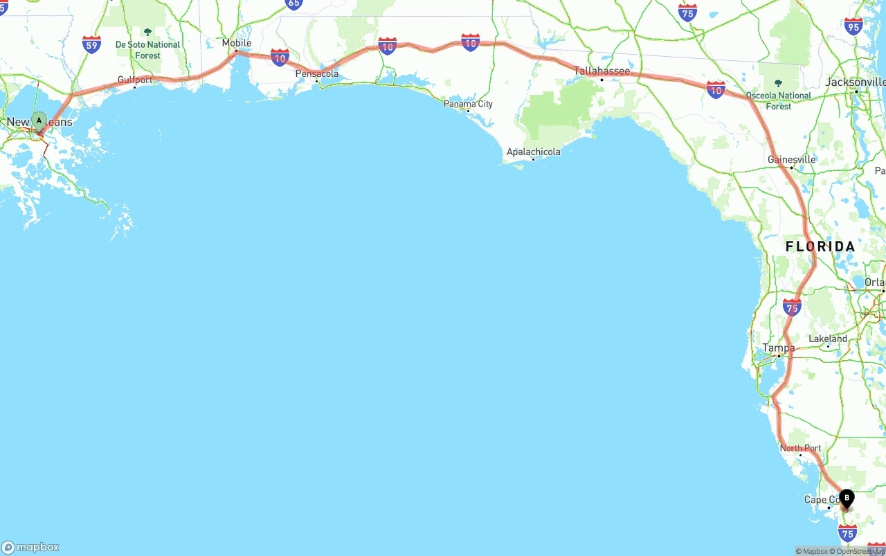 Shipping route from New Orleans to Southwest Florida International Airport