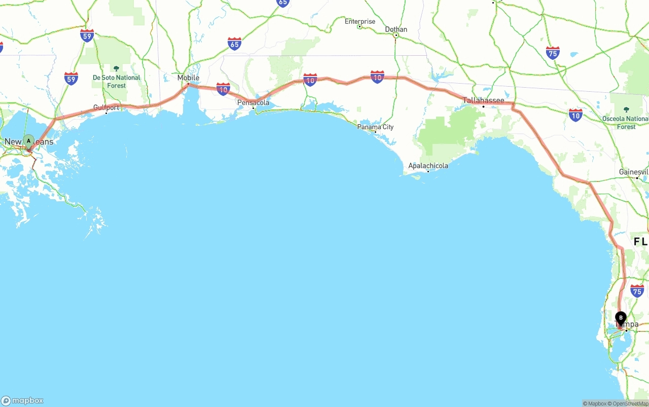 Shipping route from New Orleans to Tampa International Airport