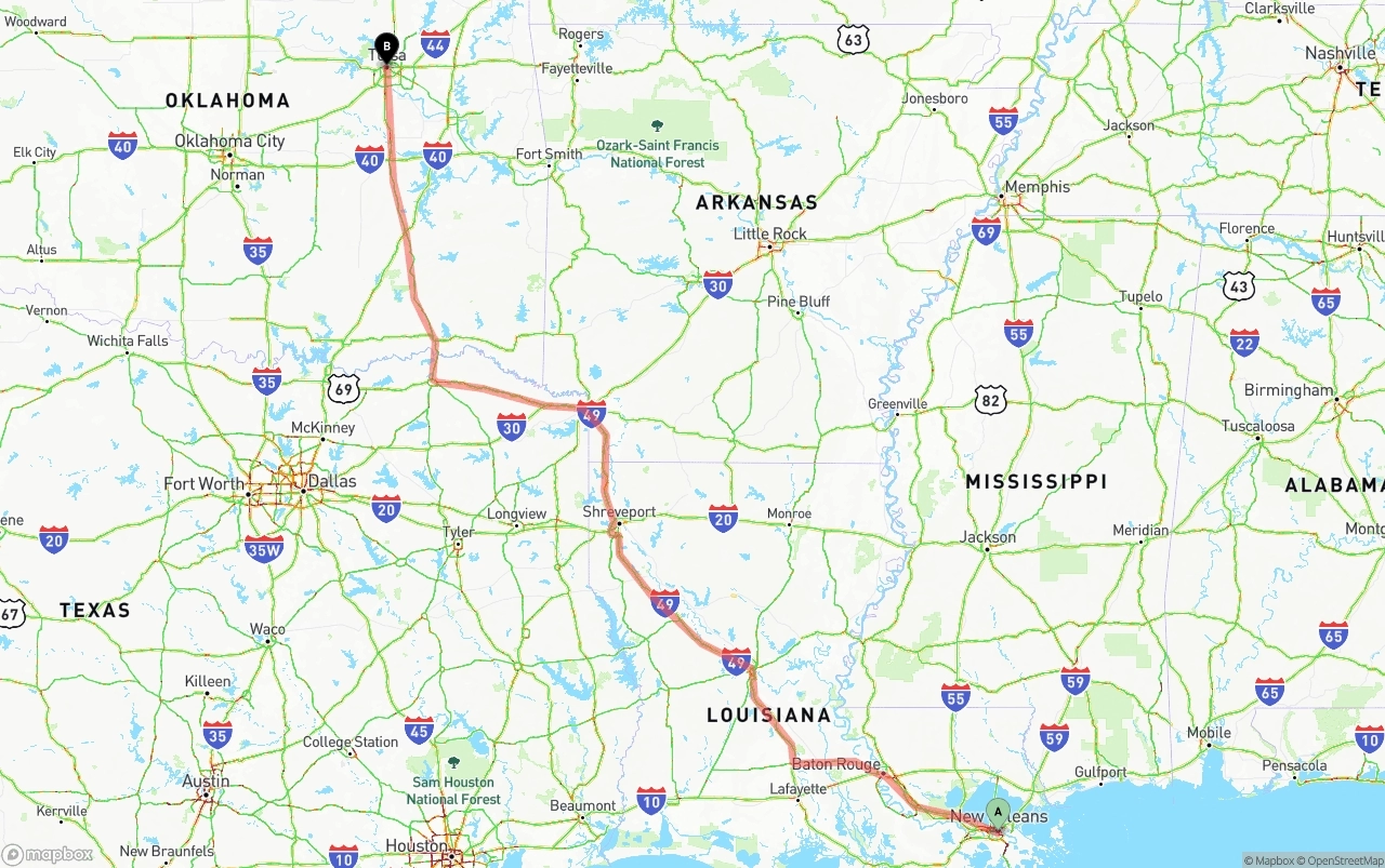 Shipping route from New Orleans to Tulsa