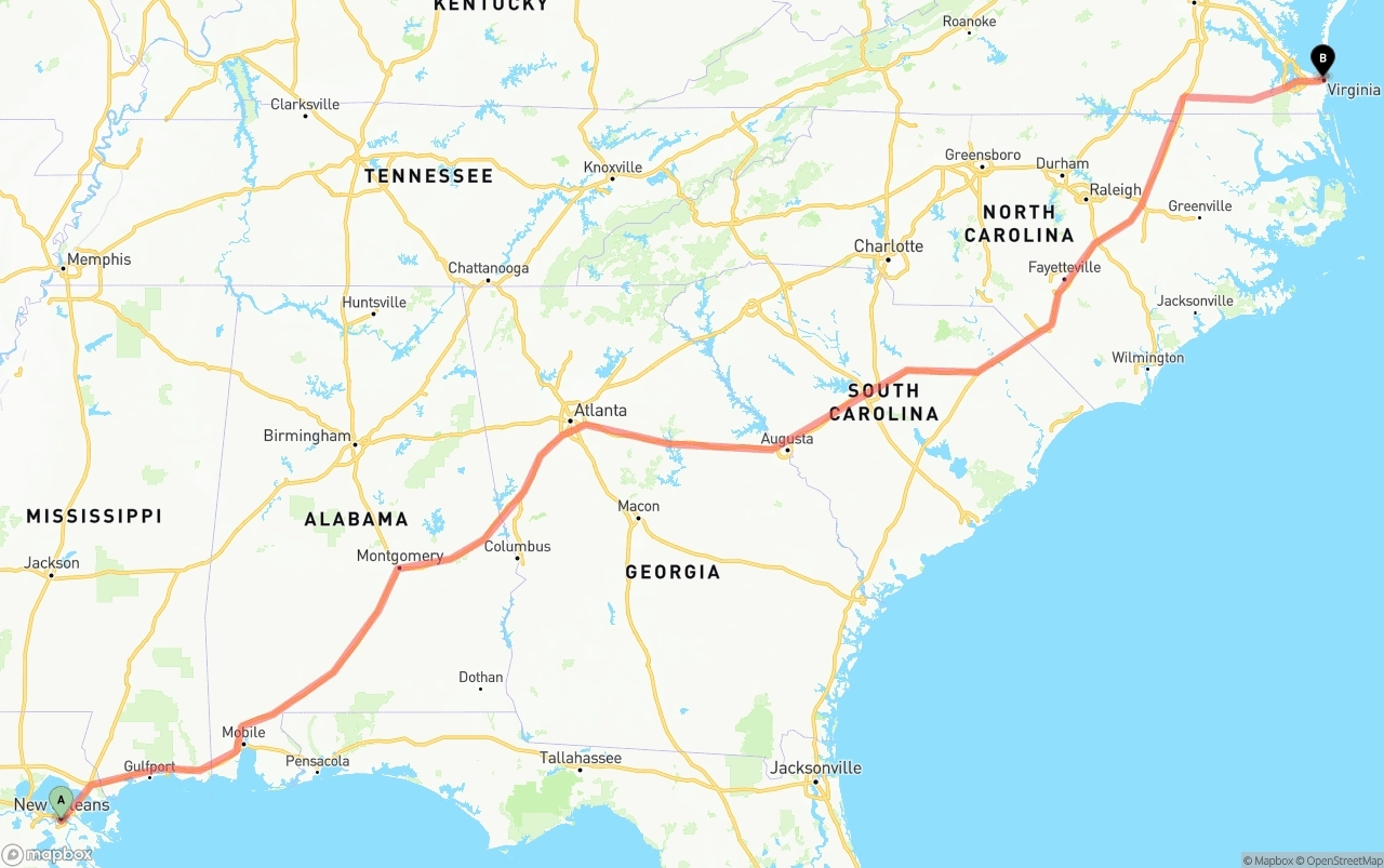 Shipping route from New Orleans to Virginia Beach