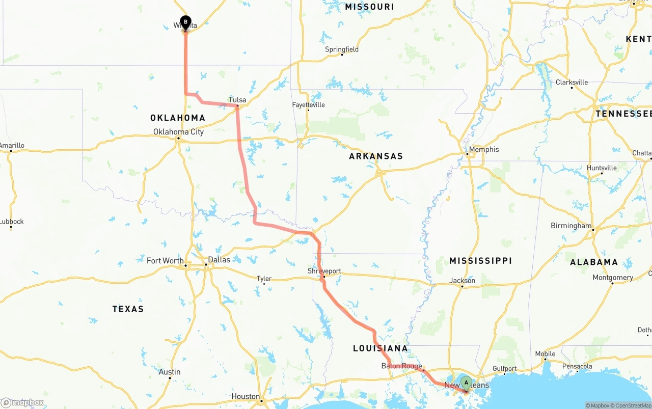 Shipping route from New Orleans to Wichita