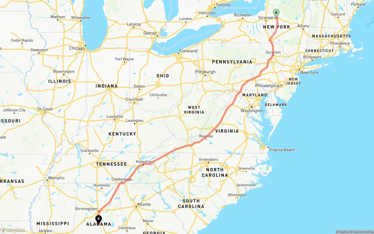 Shipping route from New York to Alabama