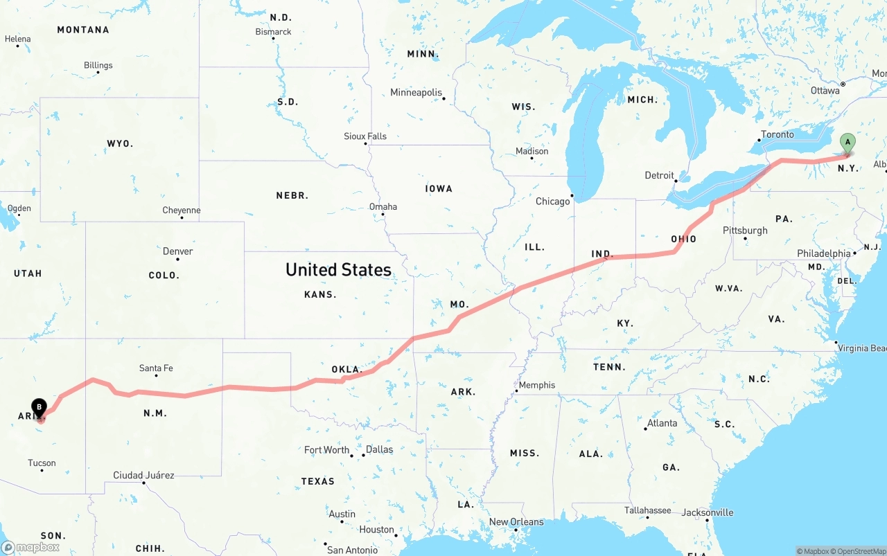 Shipping route from New York to Arizona