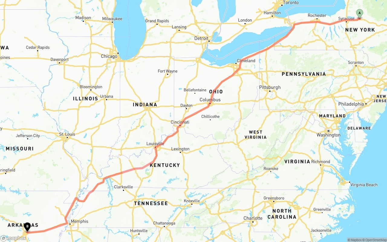 Shipping route from New York to Arkansas