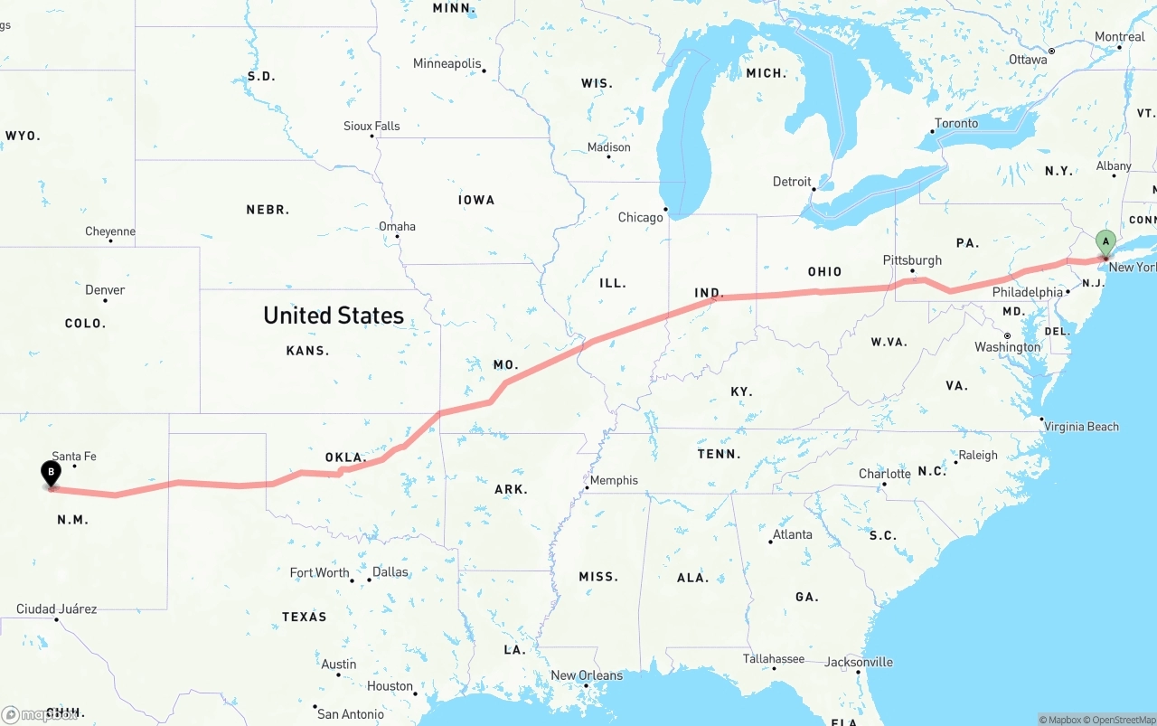 Shipping route from New York City to Albuquerque