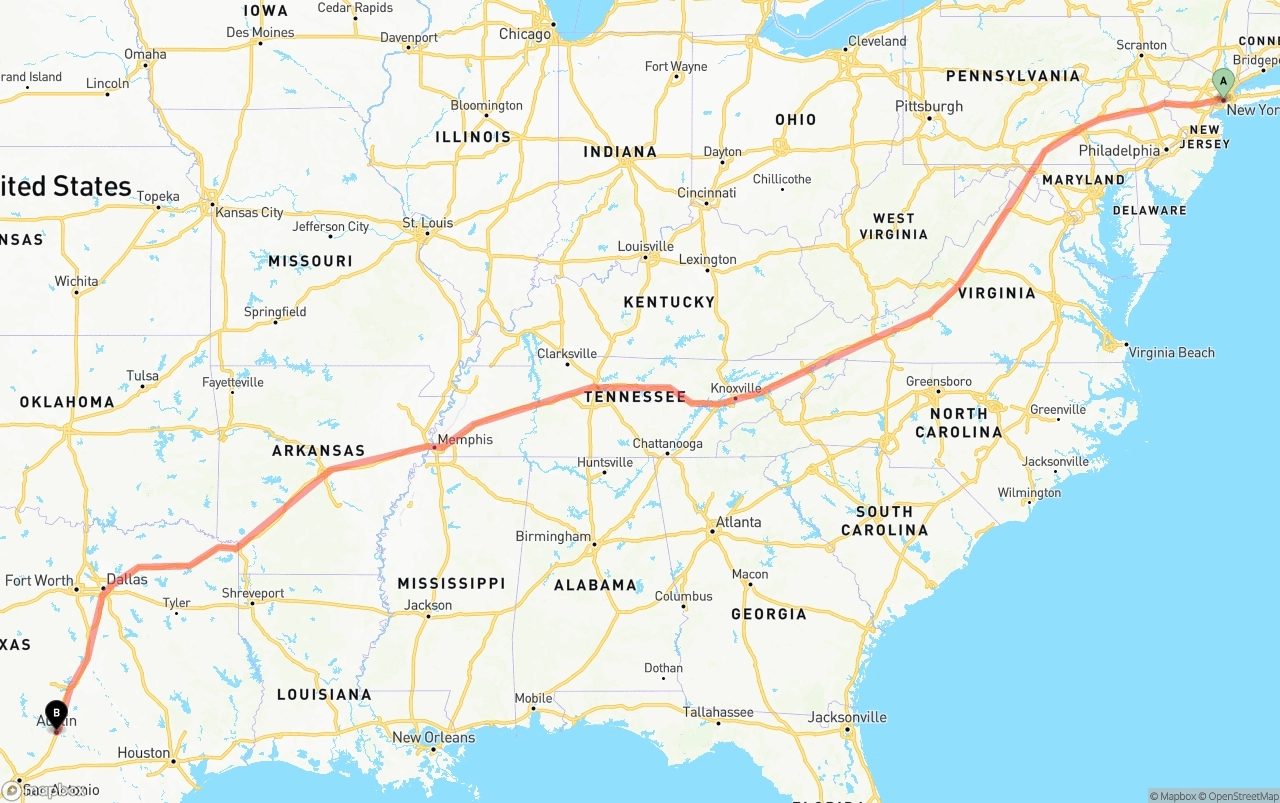 Shipping route from New York City to Austin