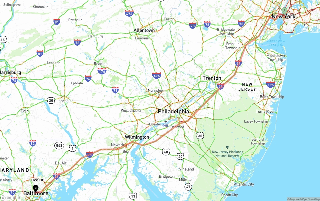 Shipping route from New York City to Baltimore