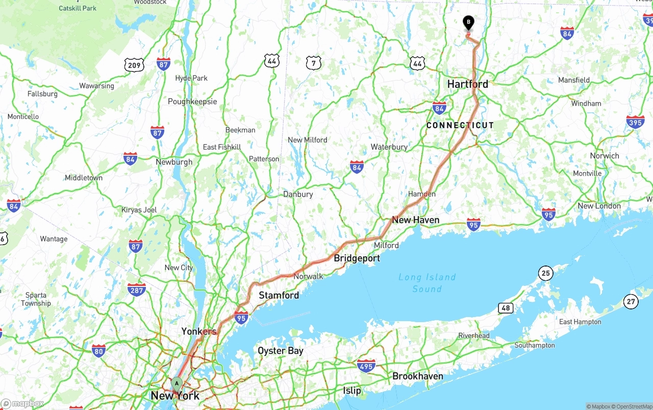 Shipping route from New York City to Bradley International Airport