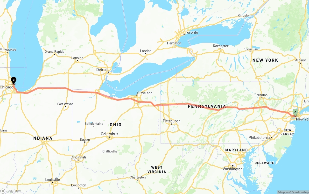 Shipping route from New York City to Chicago