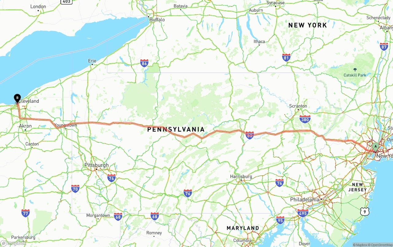 Shipping route from New York City to Cleveland