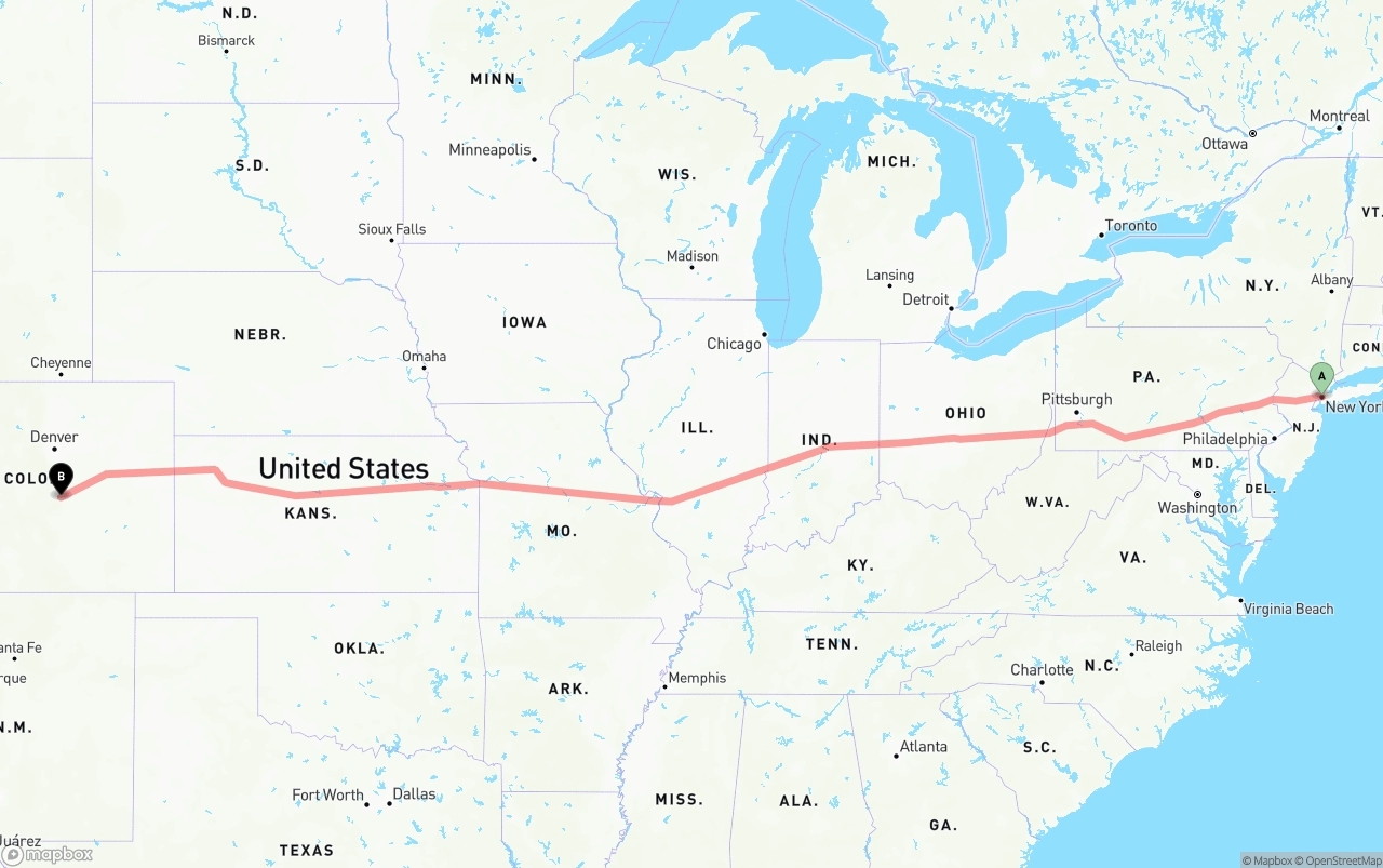 Shipping route from New York City to Colorado Springs