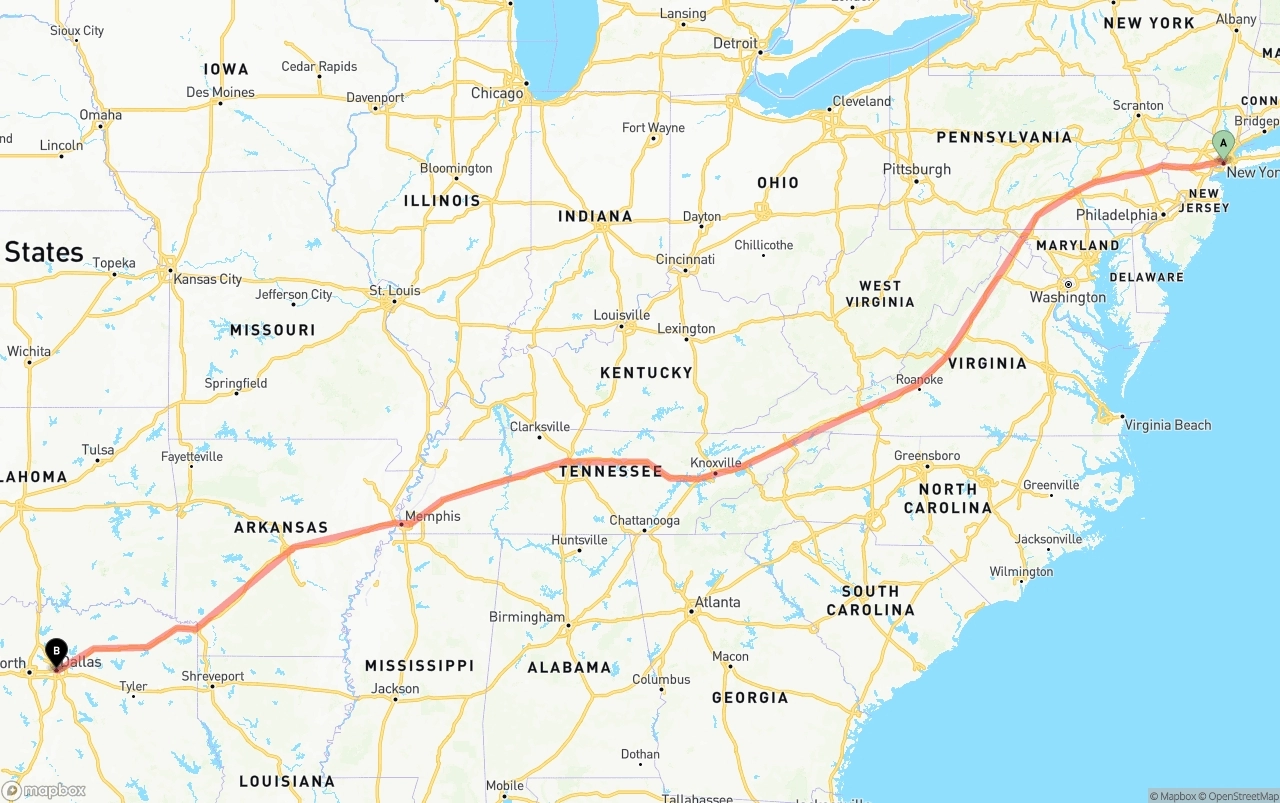 Shipping route from New York City to Dallas