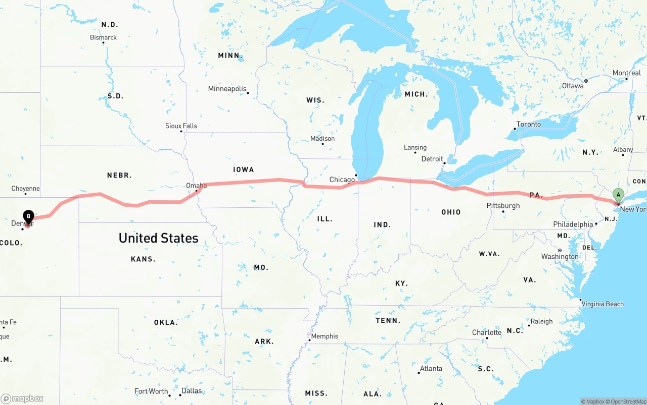 Shipping route from New York City to Denver International Airport