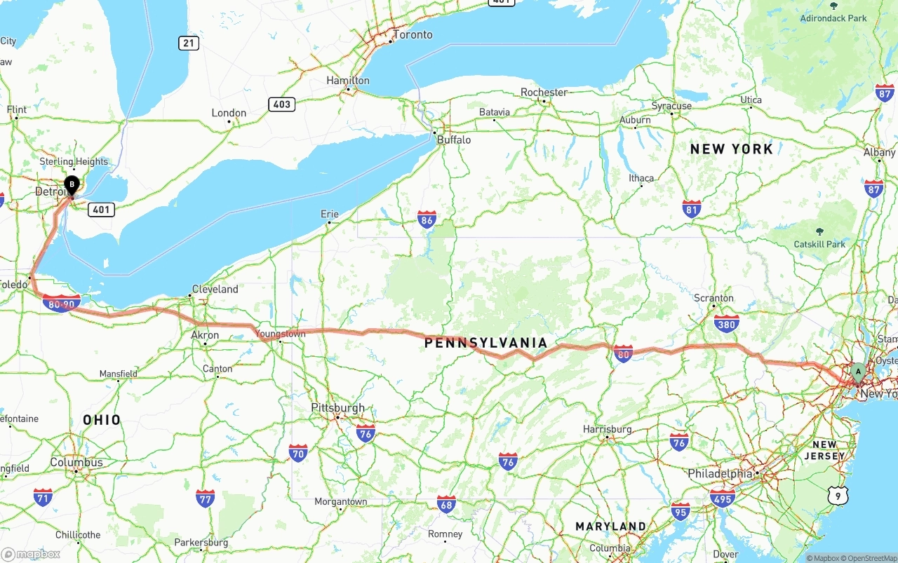 Shipping route from New York City to Detroit