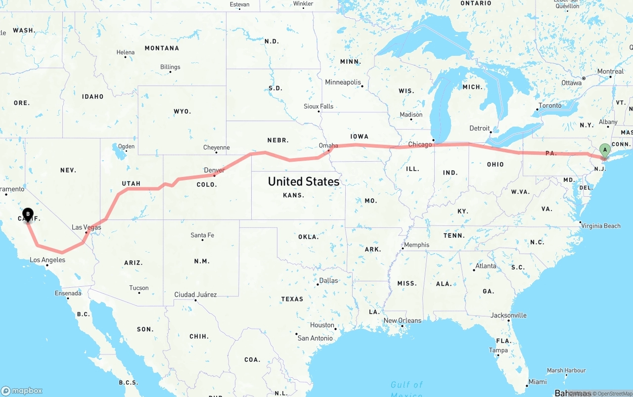 Shipping route from New York City to Fresno