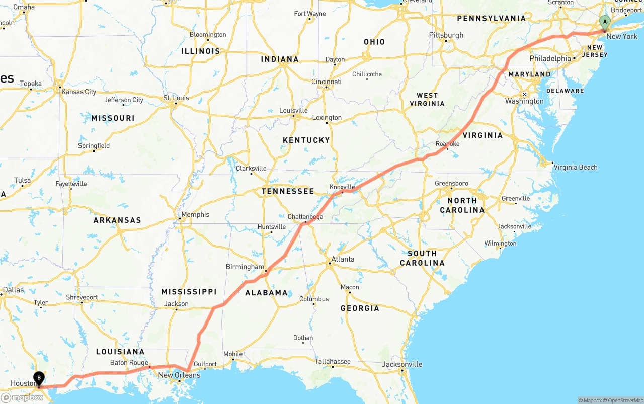 Shipping route from New York City to Houston