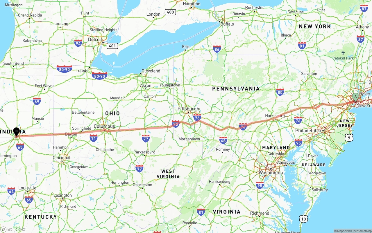 Shipping route from New York City to Indianapolis