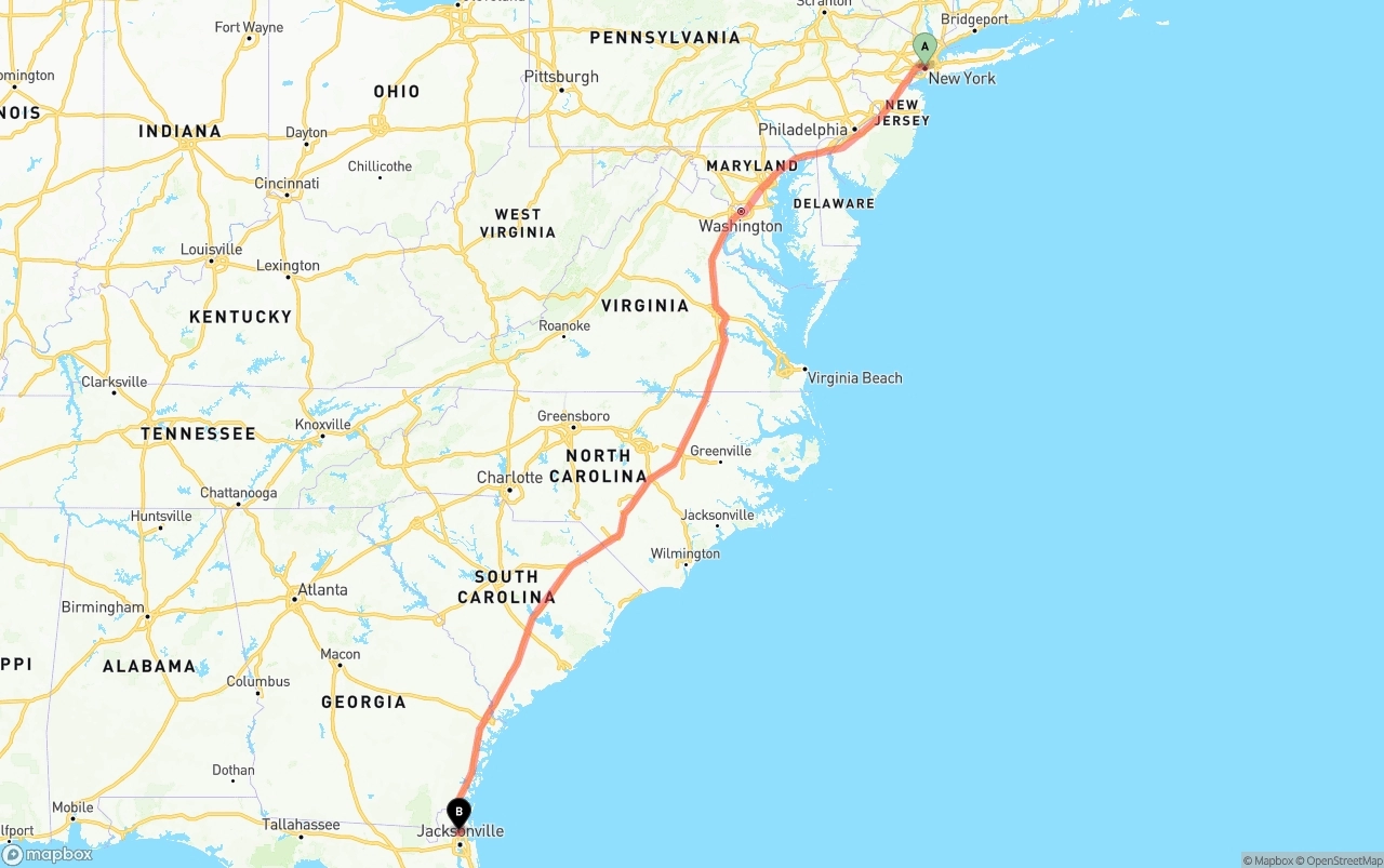 Shipping route from New York City to Jacksonville International Airport