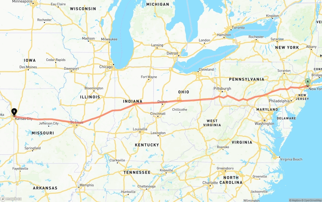 Shipping route from New York City to Kansas City
