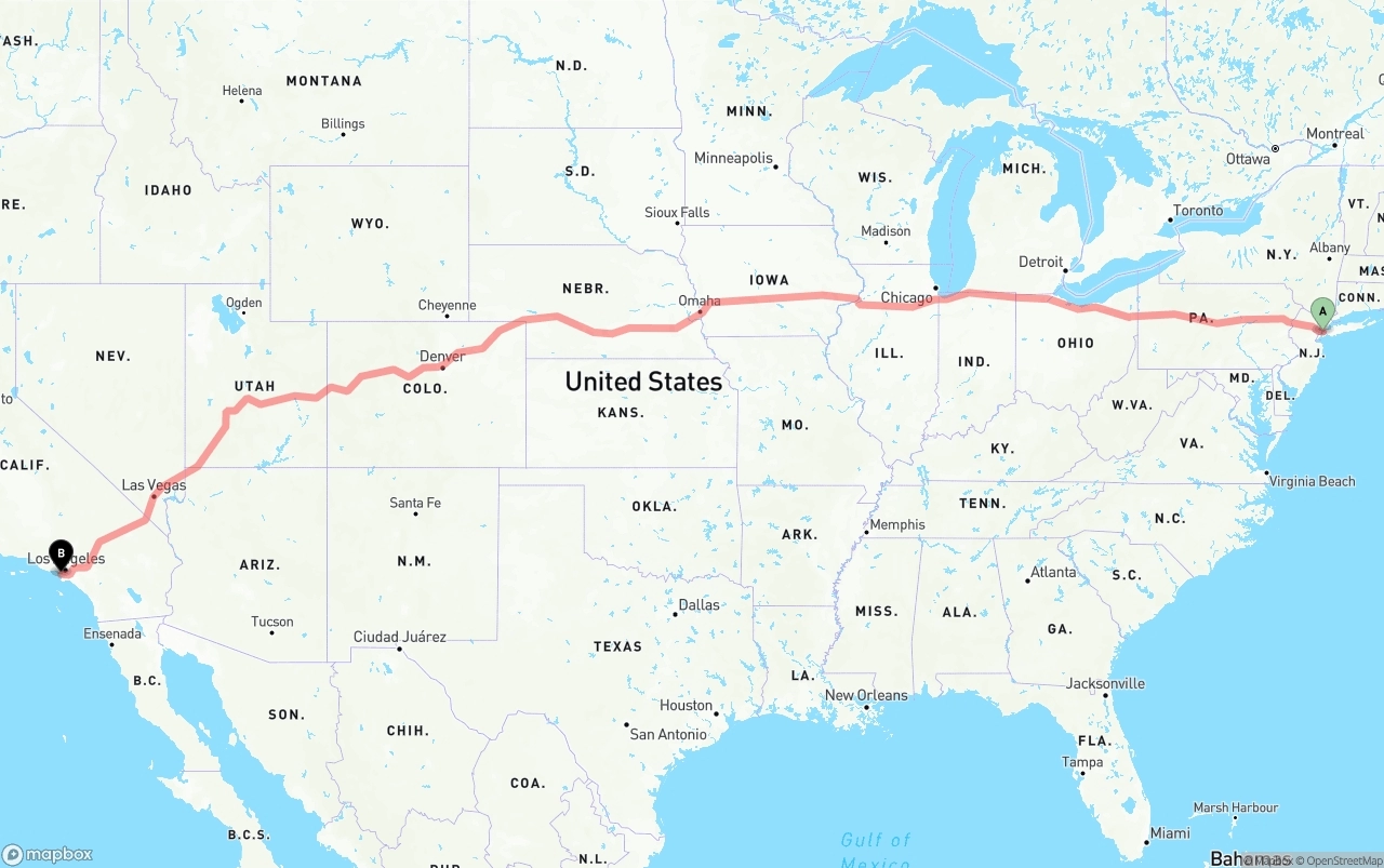 Shipping route from New York City to Los Angeles International Airport