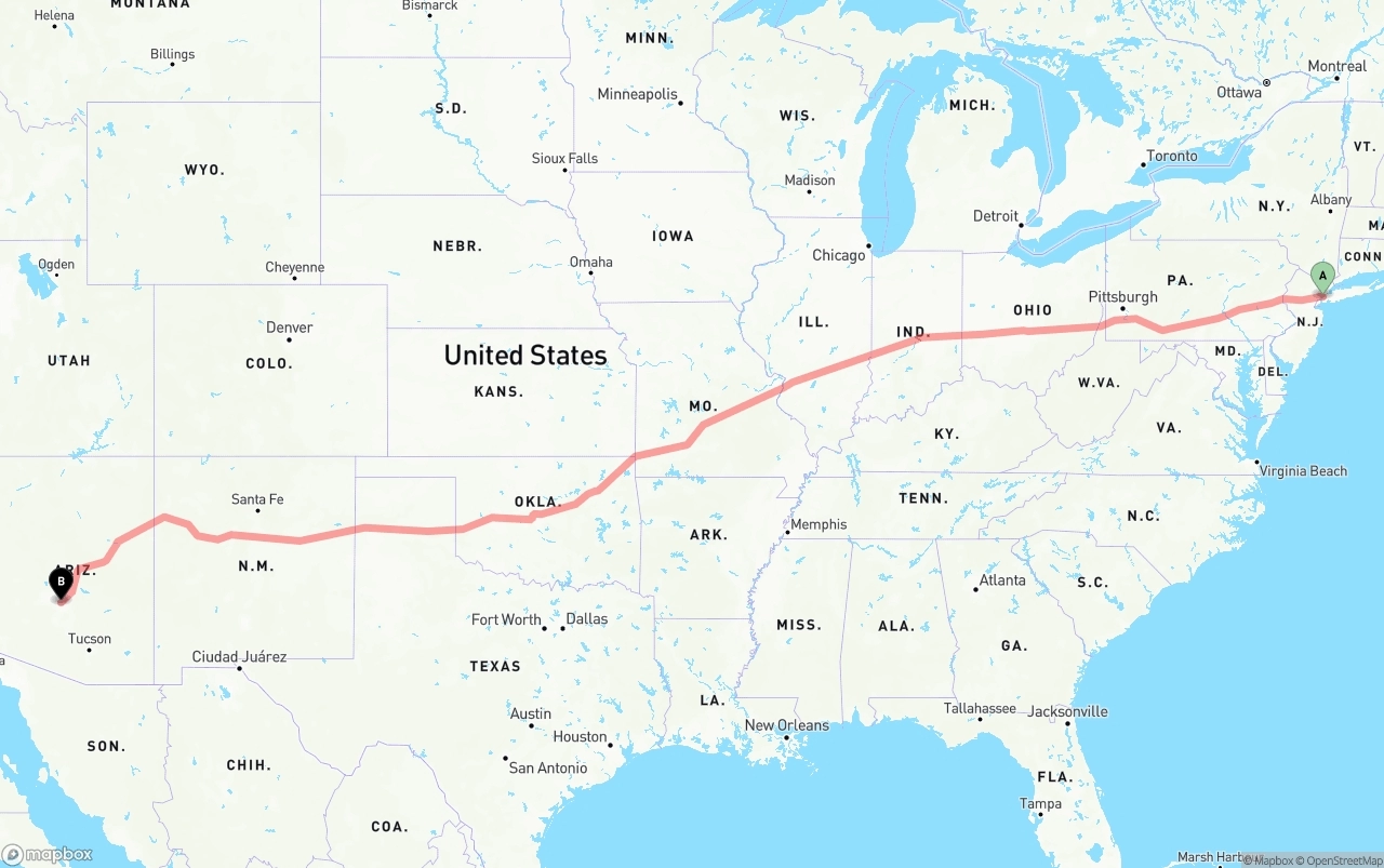 Shipping route from New York City to Mesa