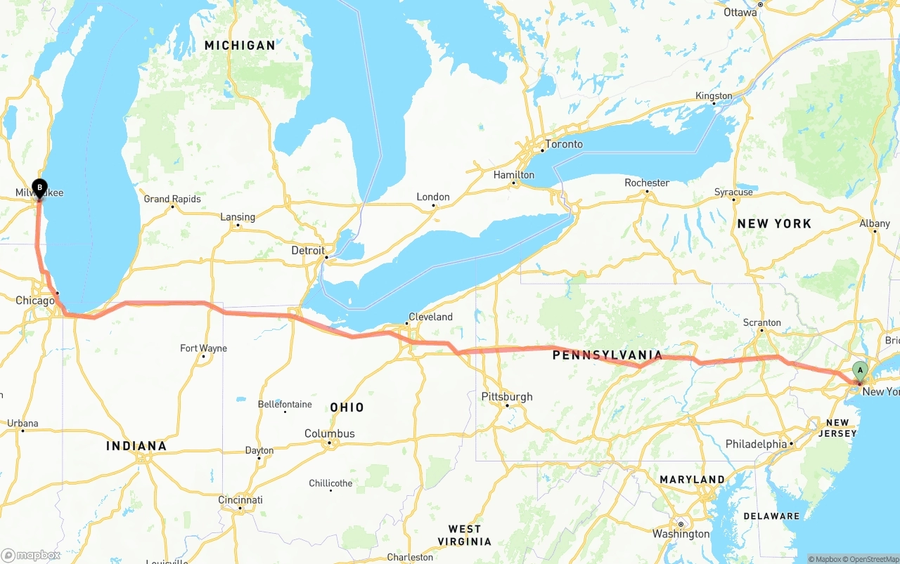 Shipping route from New York City to Milwaukee