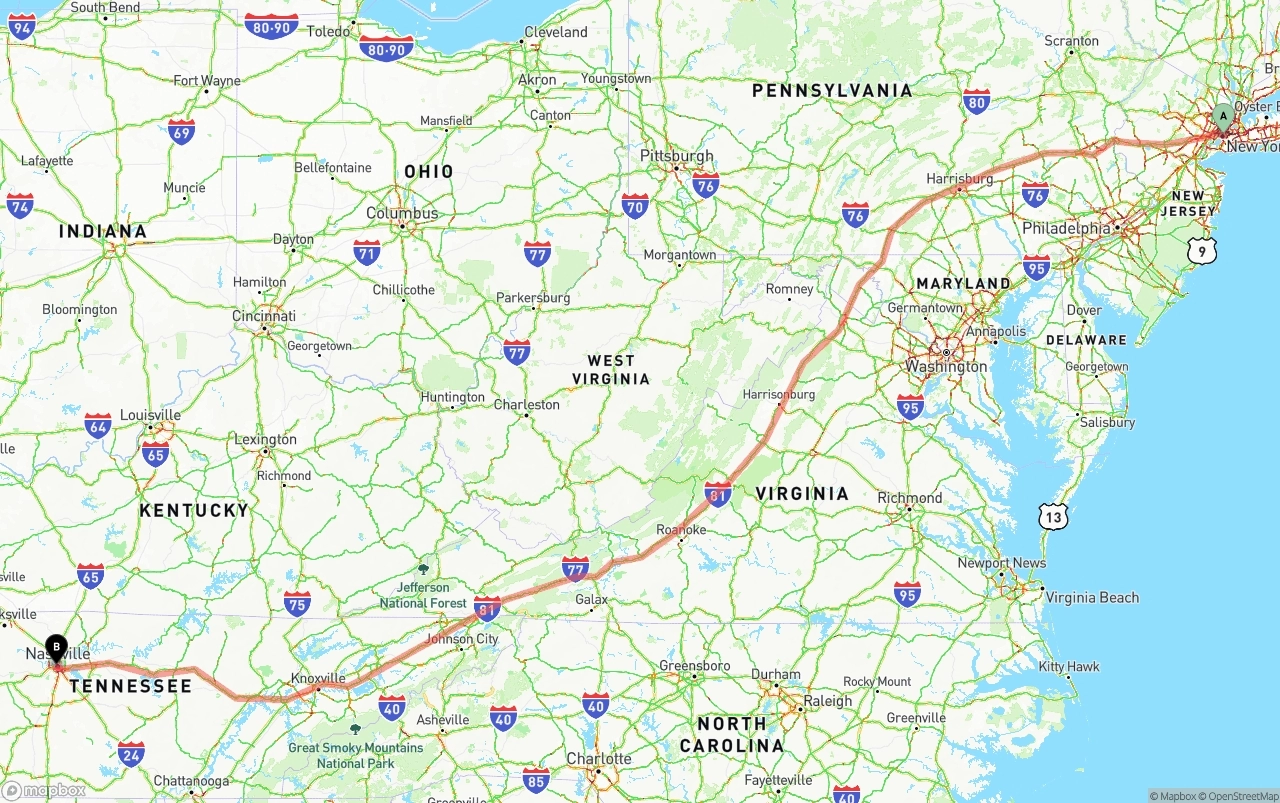 Shipping route from New York City to Nashville