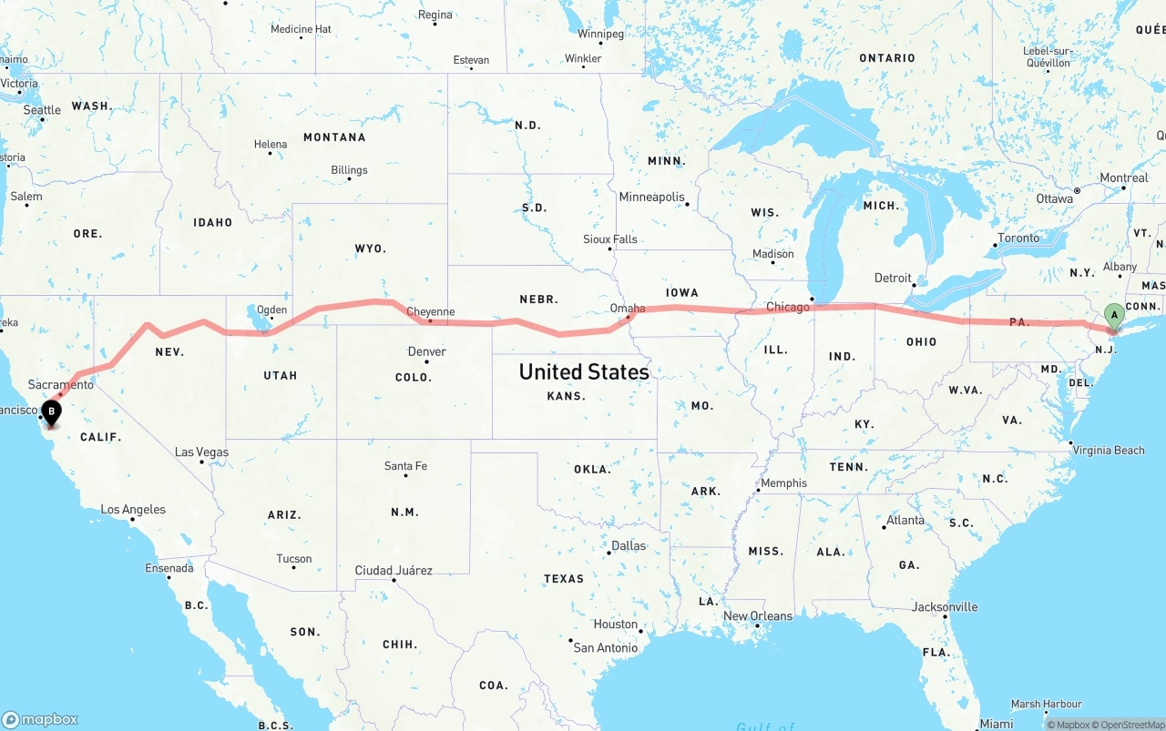Shipping route from New York City to Norman Y. Mineta San Jose International Airport