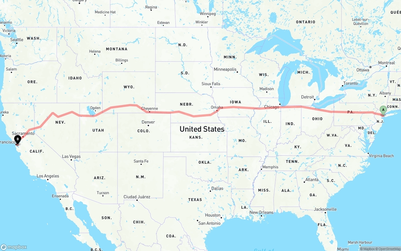 Shipping route from New York City to Oakland International Airport