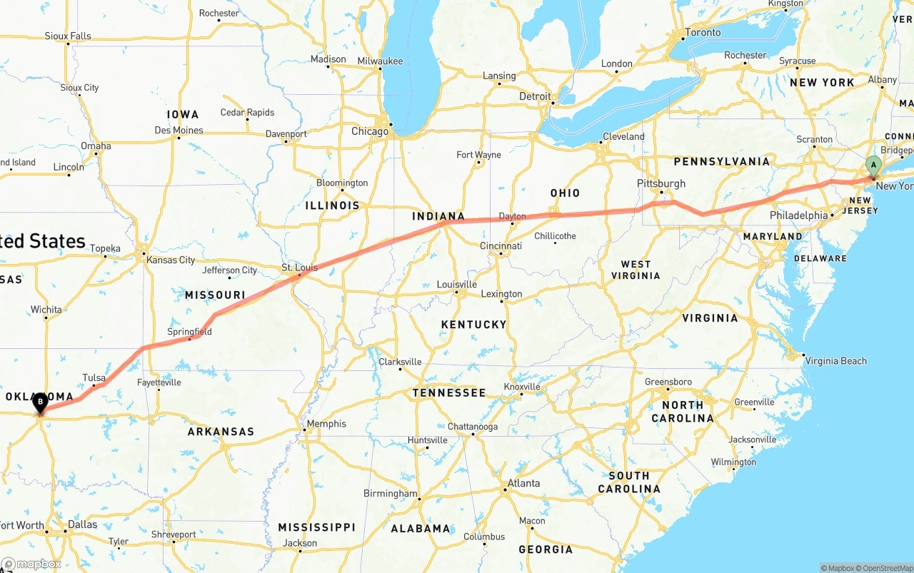 Shipping route from New York City to Oklahoma City