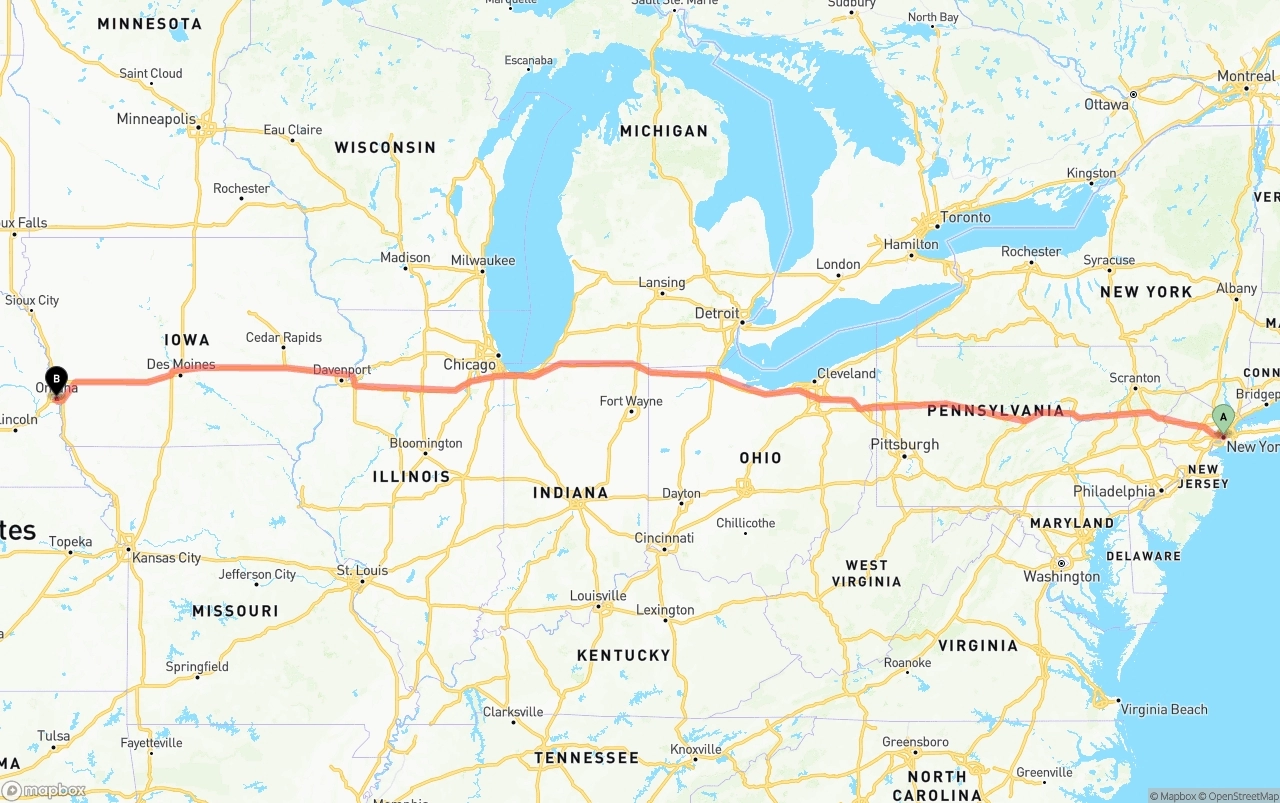 Shipping route from New York City to Omaha