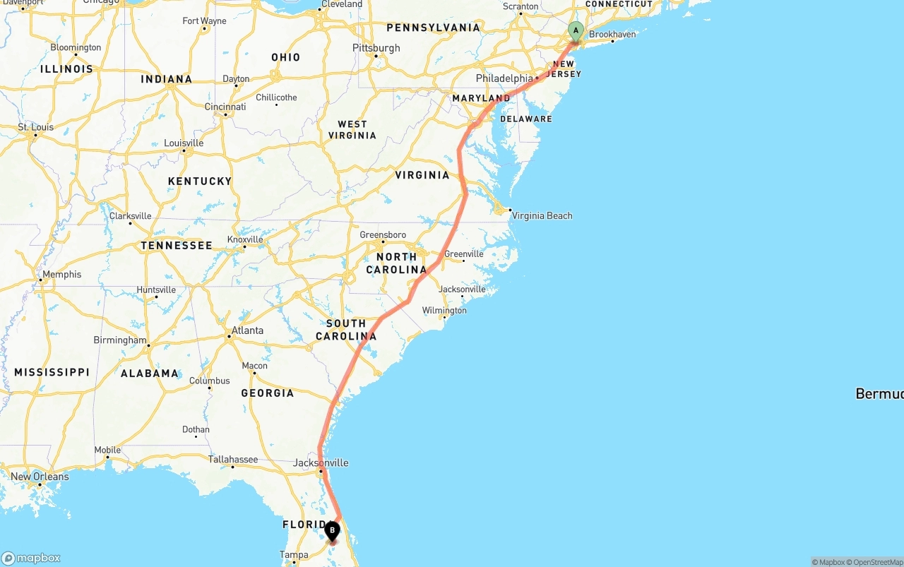 Shipping route from New York City to Orlando International Airport