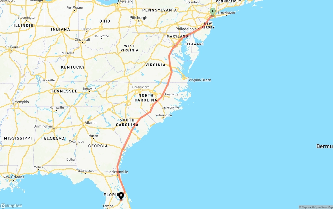 Shipping route from New York City to Orlando