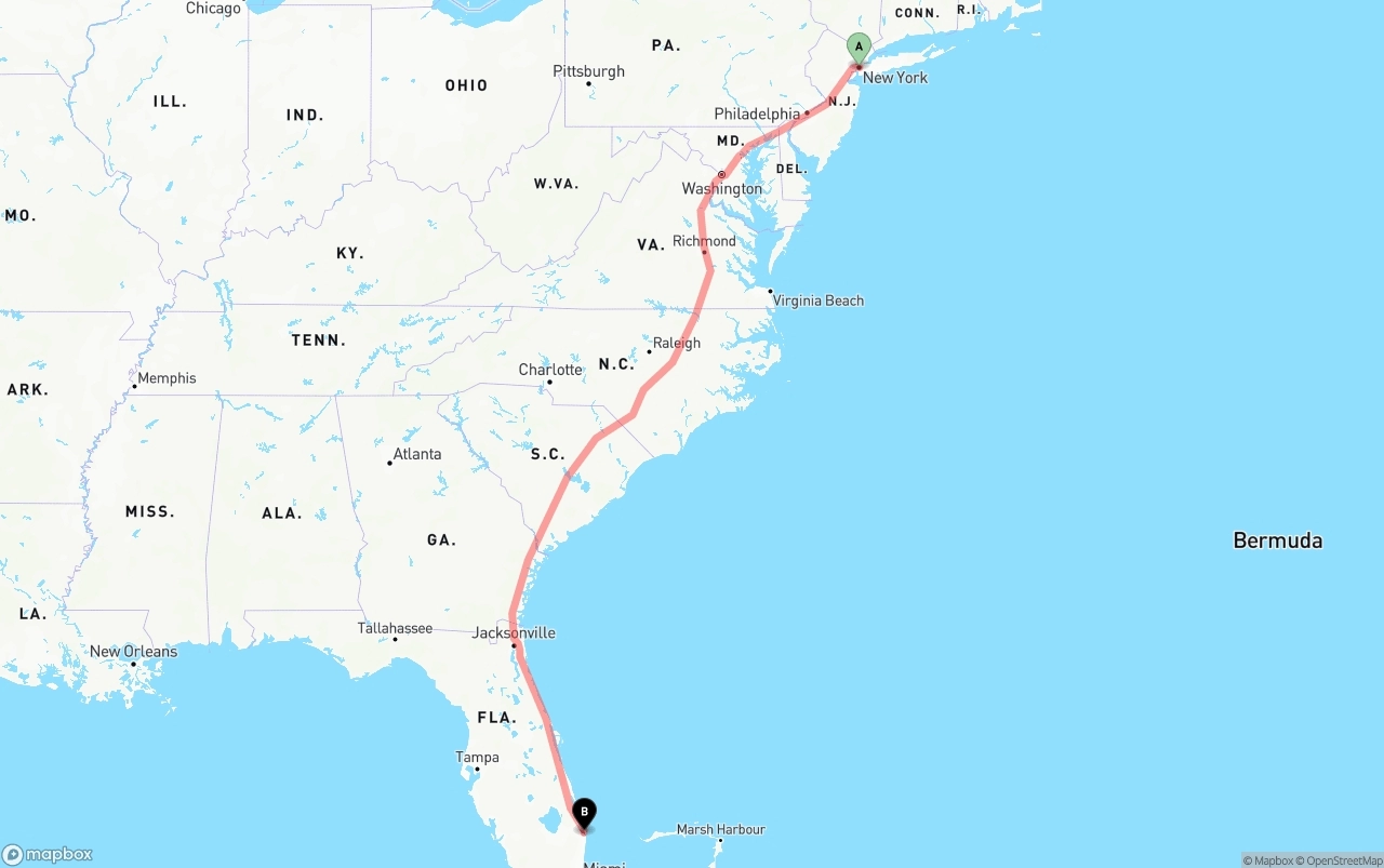 Shipping route from New York City to Palm Beach International Airport