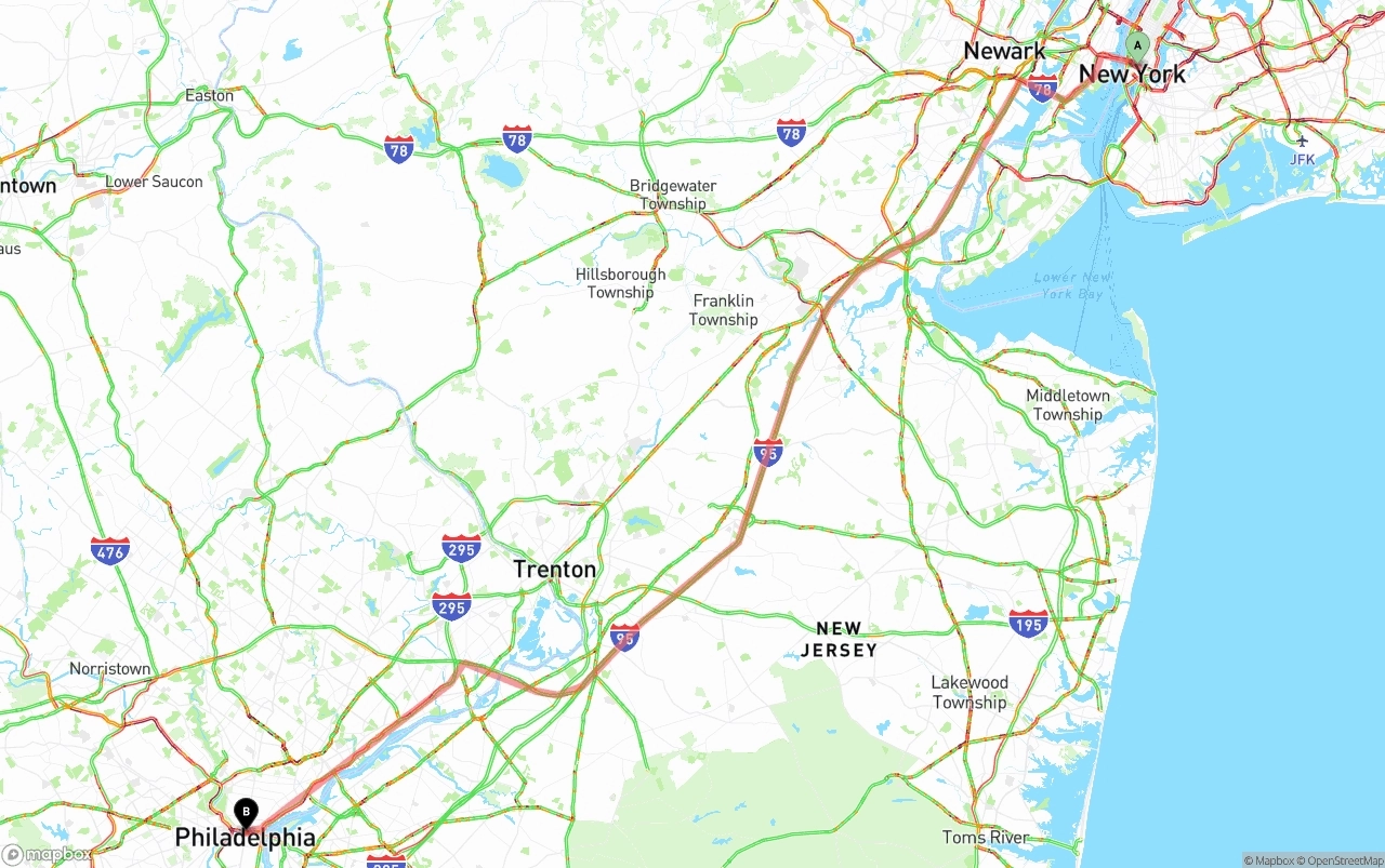 Shipping route from New York City to Philadelphia