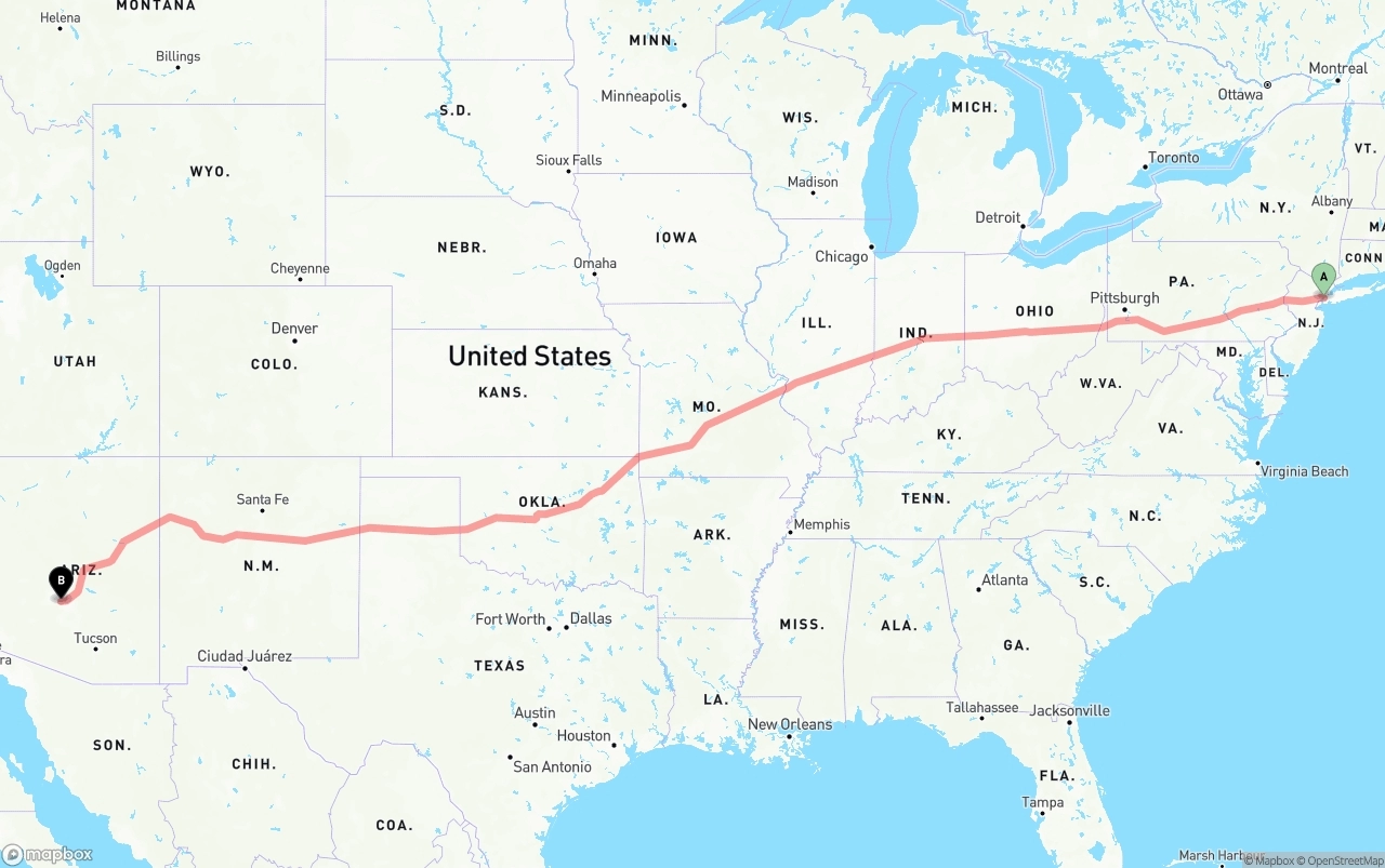 Shipping route from New York City to Phoenix Sky Harbor International Airport