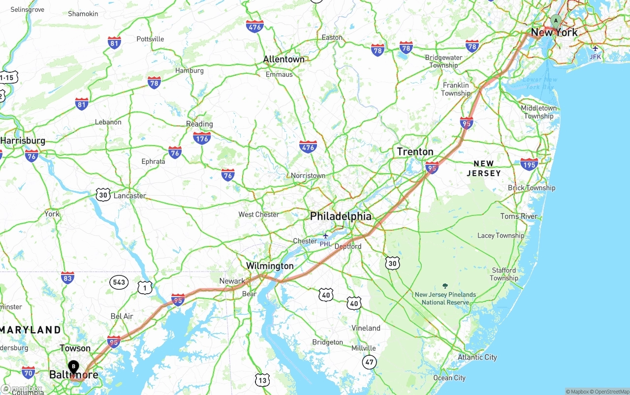 Shipping route from New York City to Port of Baltimore